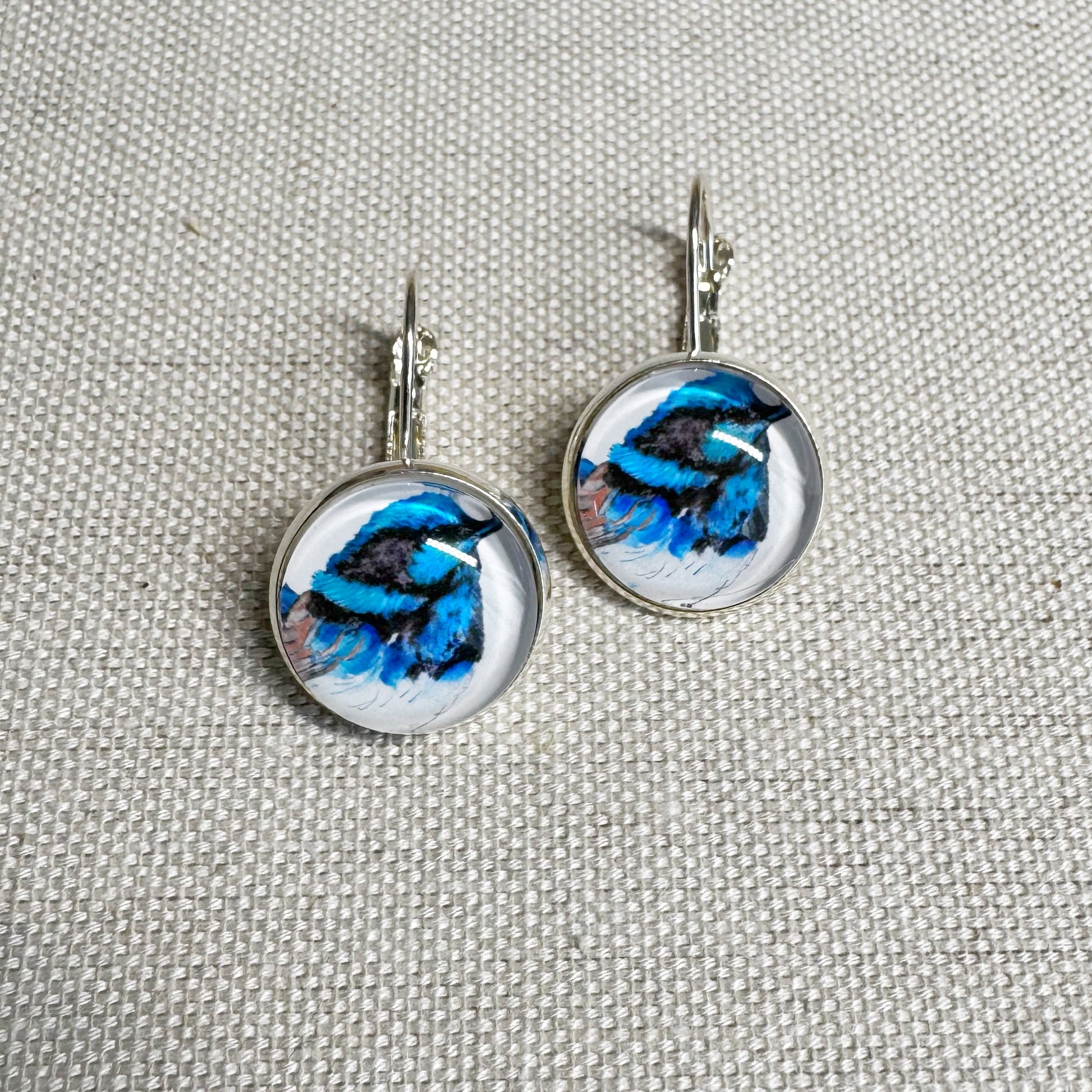 Fairy Wren Silver Cabochon Earrings