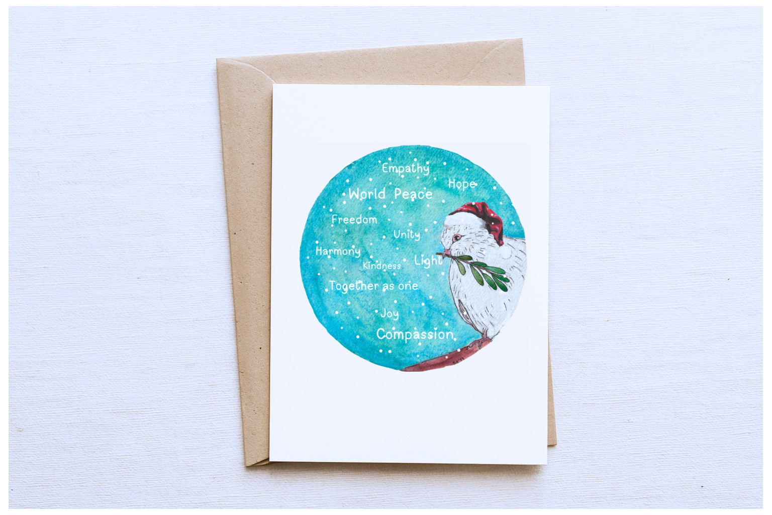 Baby Dove Christmas Card – Santa Hat, Olive Branch & Words of Peace