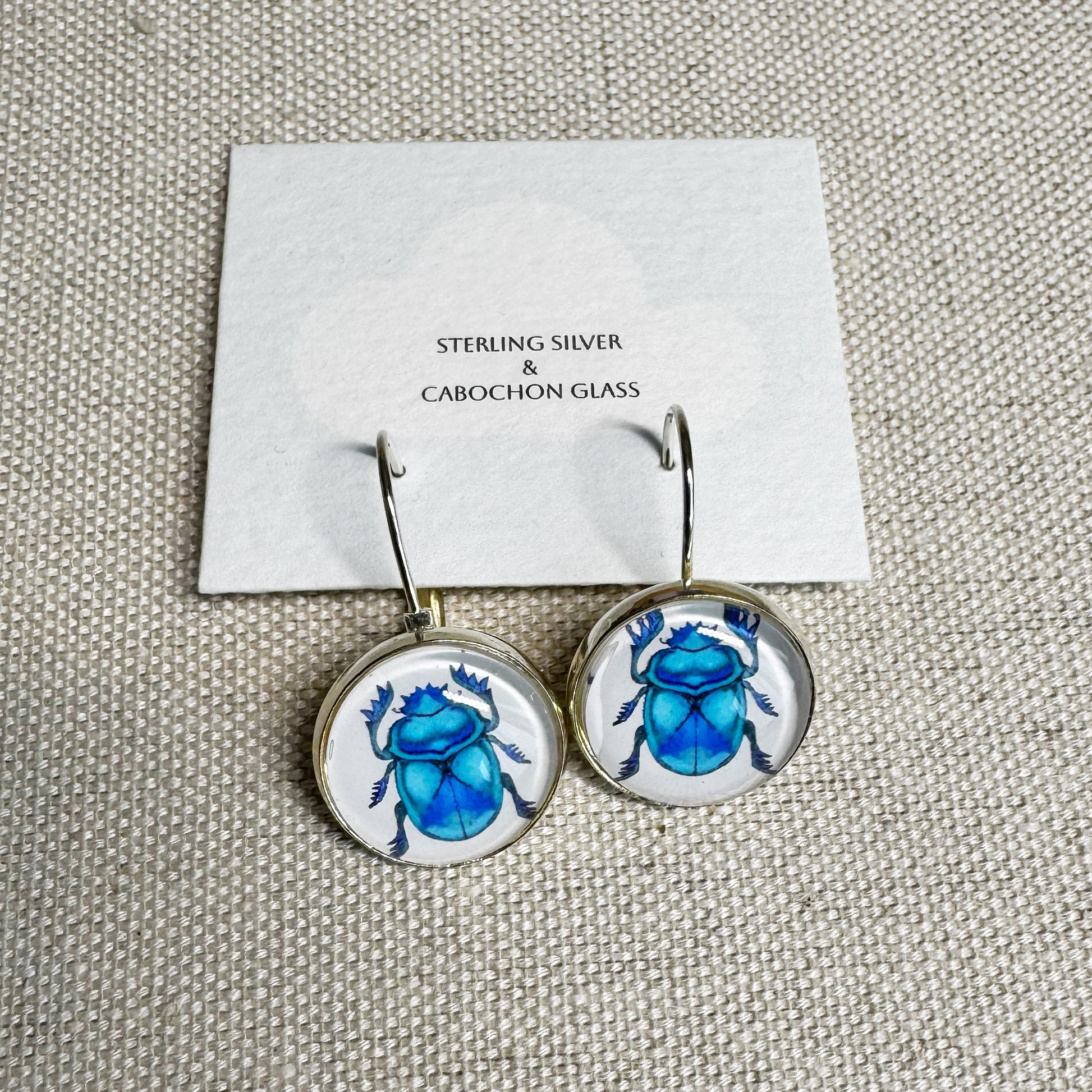 Scarab Beetle Silver Cabochon Earrings