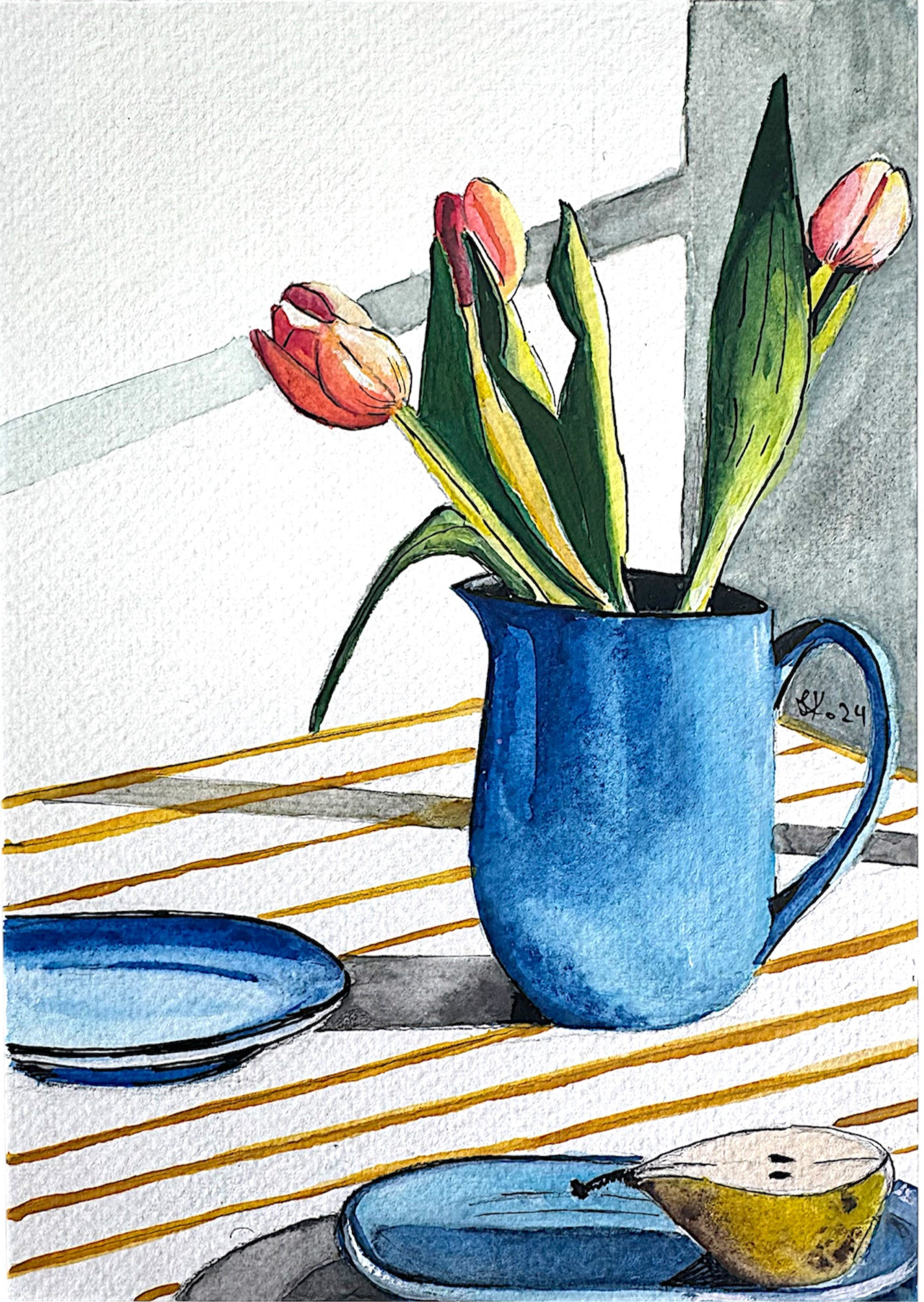 Detail of “Tulips” watercolour showing gentle brushstrokes and translucent floral tones.