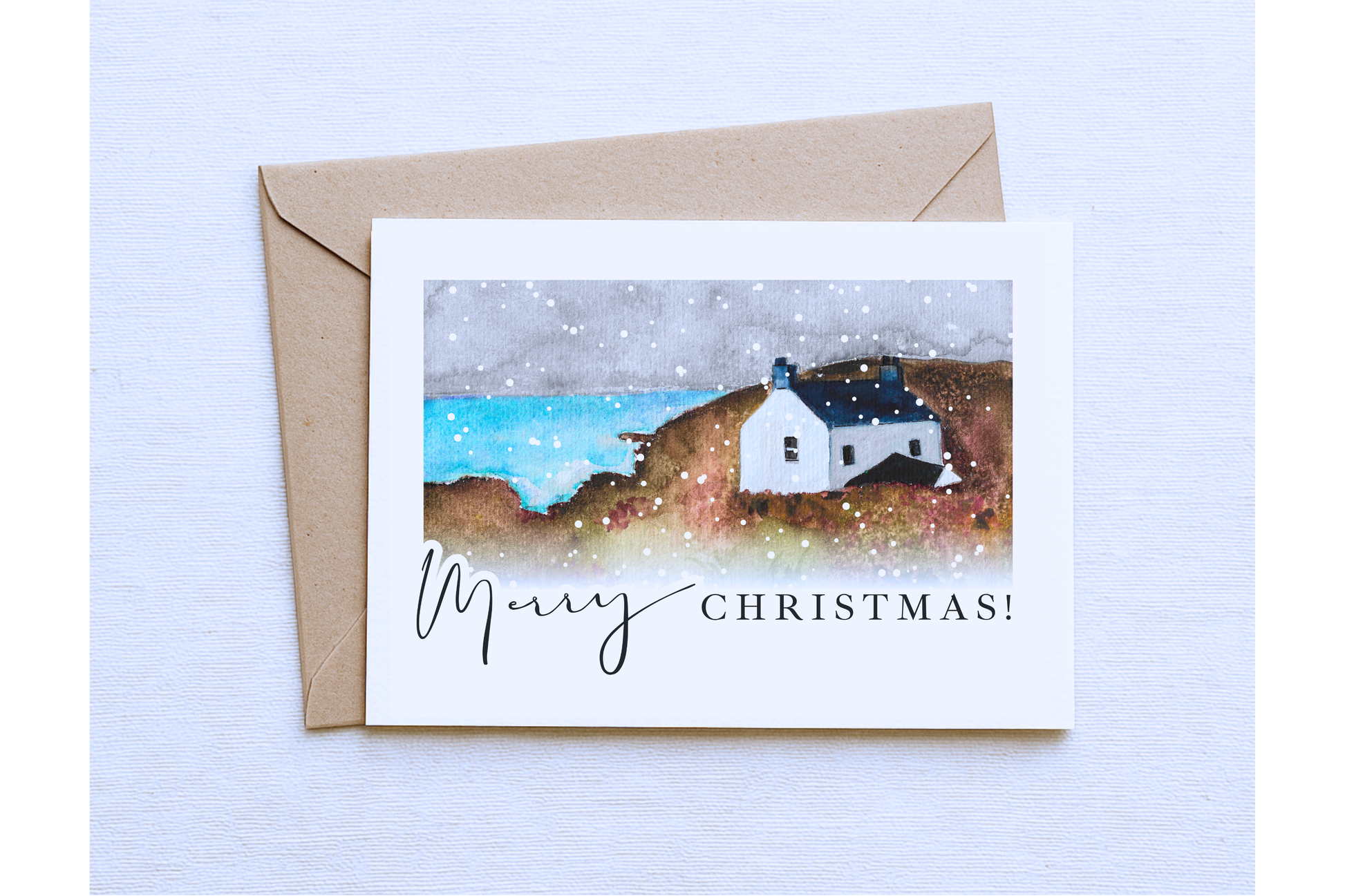 Lonely Cottage Cornwall Christmas Card – Winter Snow Scene, Merry Christmas