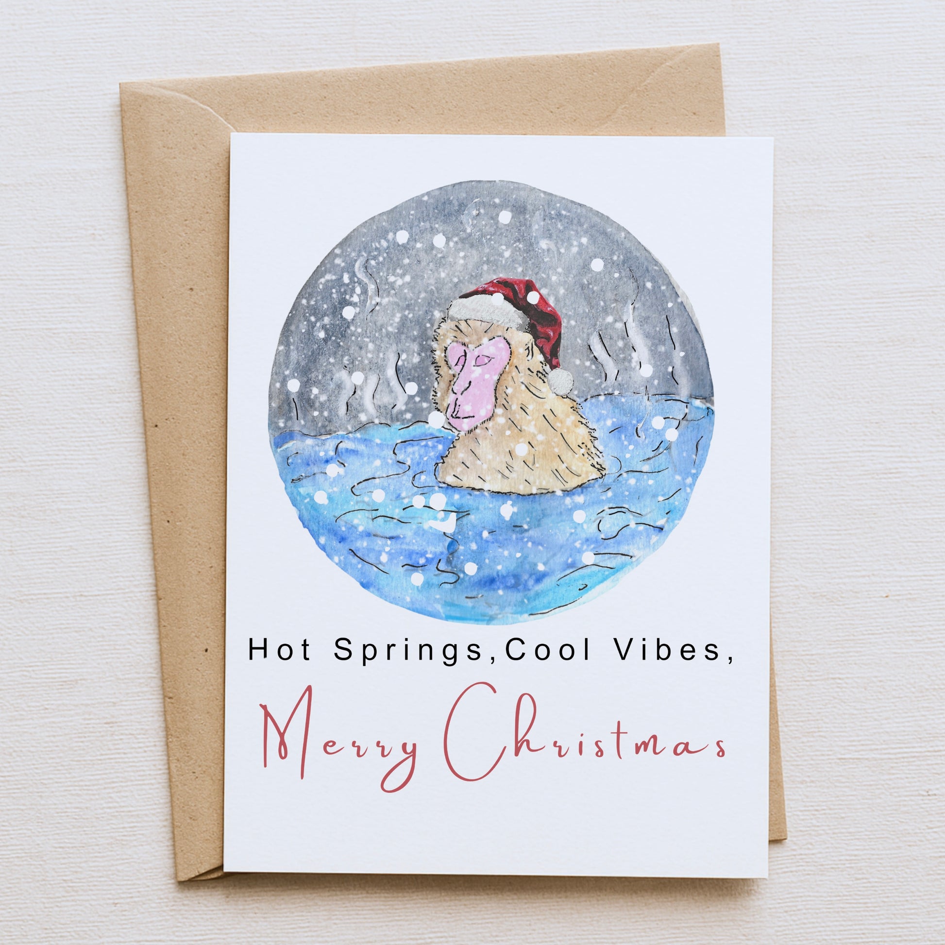Macaque Monkey Hot Spring Christmas Card – Cool Vibes Holiday Greeting
