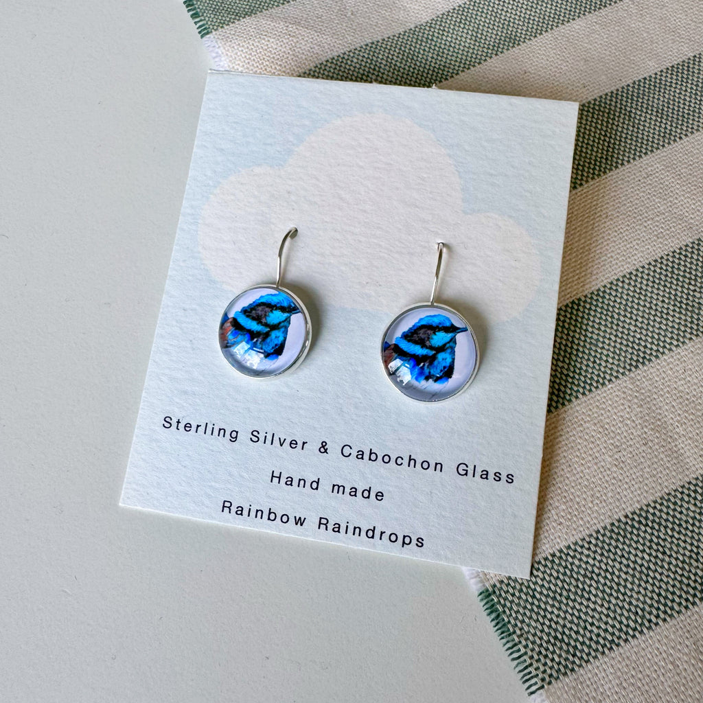 Fairy Wren Silver Cabochon Earrings