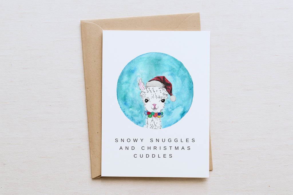 Baby Alpaca Christmas Card – “Snowy Snuggles & Christmas Cuddles”