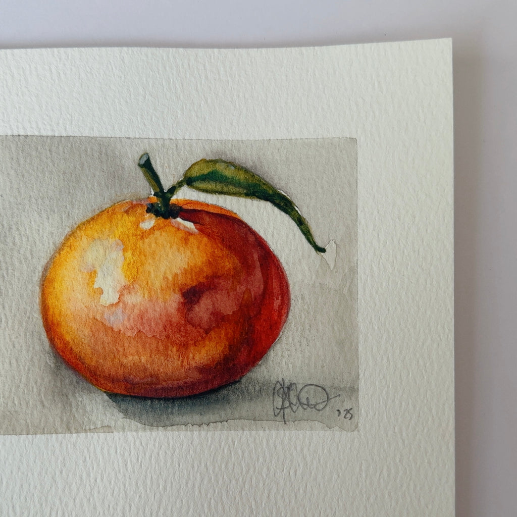 Close-up detail of “De Clementine” showing subtle washes of orange and green by Shanaz Minhas.