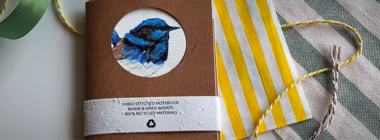 Fairy Wren  Handmade Mini Journal – Hand-Stitched Notebook