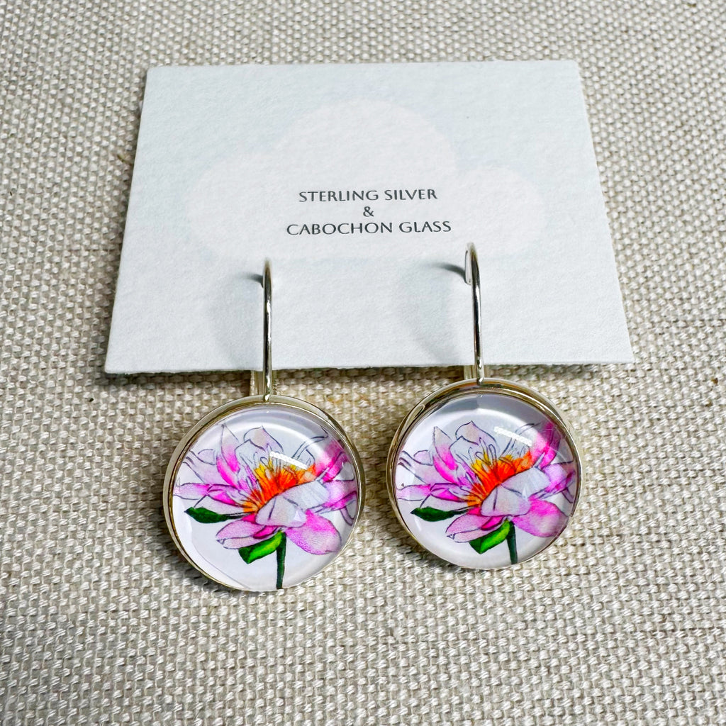 Pink Lotus Silver Cabochon Earrings