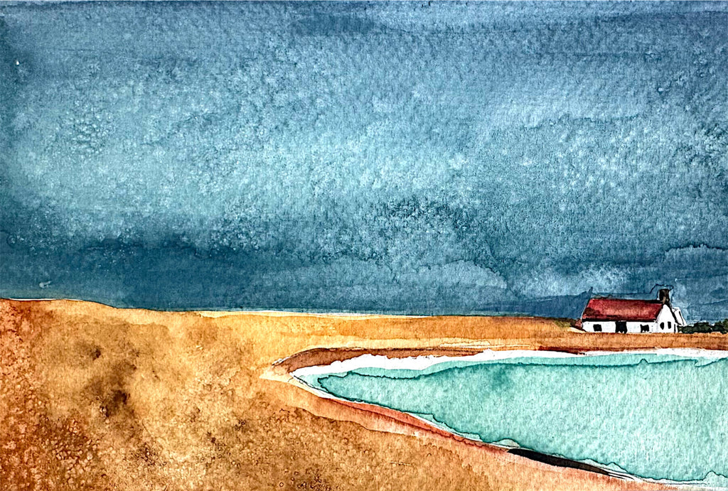 Detail of “Shingle Street Cottage” watercolour showing gentle washes and soft edges evoking quiet and space.