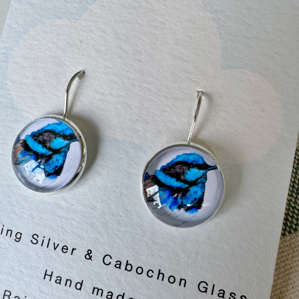 Fairy Wren Silver Cabochon Earrings