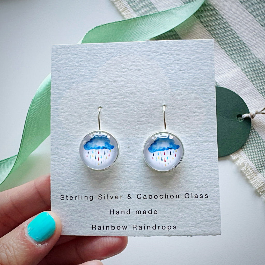 Rainbow Raindrops Sterling Silver Cabochon Earrings