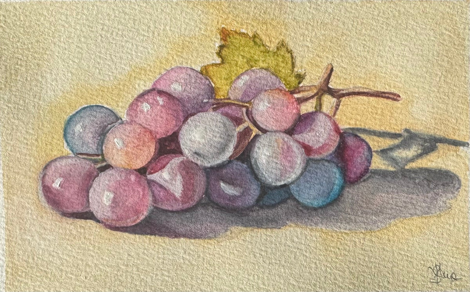 Close-up of “Grapes in Light” showing delicate watercolour texture and subtle layering of purples and greens.