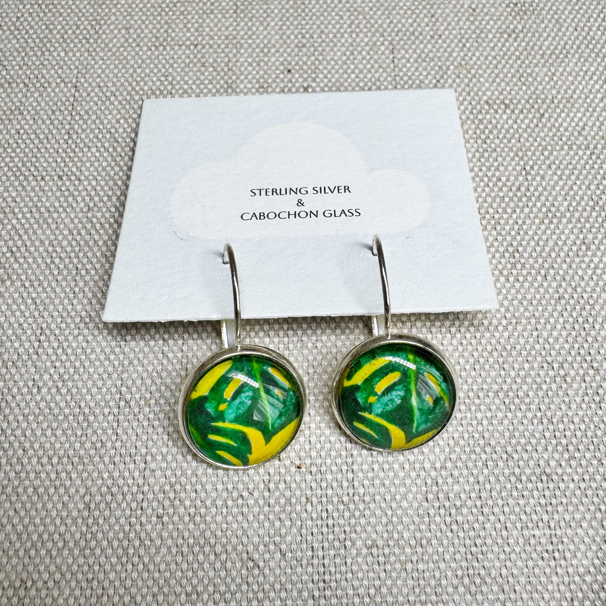Monstera Silver Cabochon Earrings