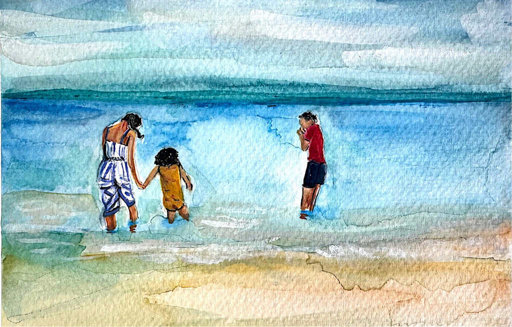 Detail of “To the Shore Together” watercolour showing delicate figures walking along Whitstable Beach.
