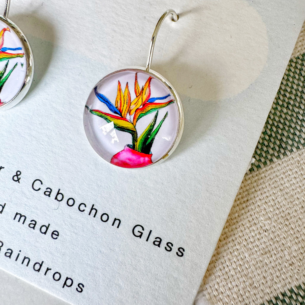 Bird of Paradise Silver Cabochon Earrings