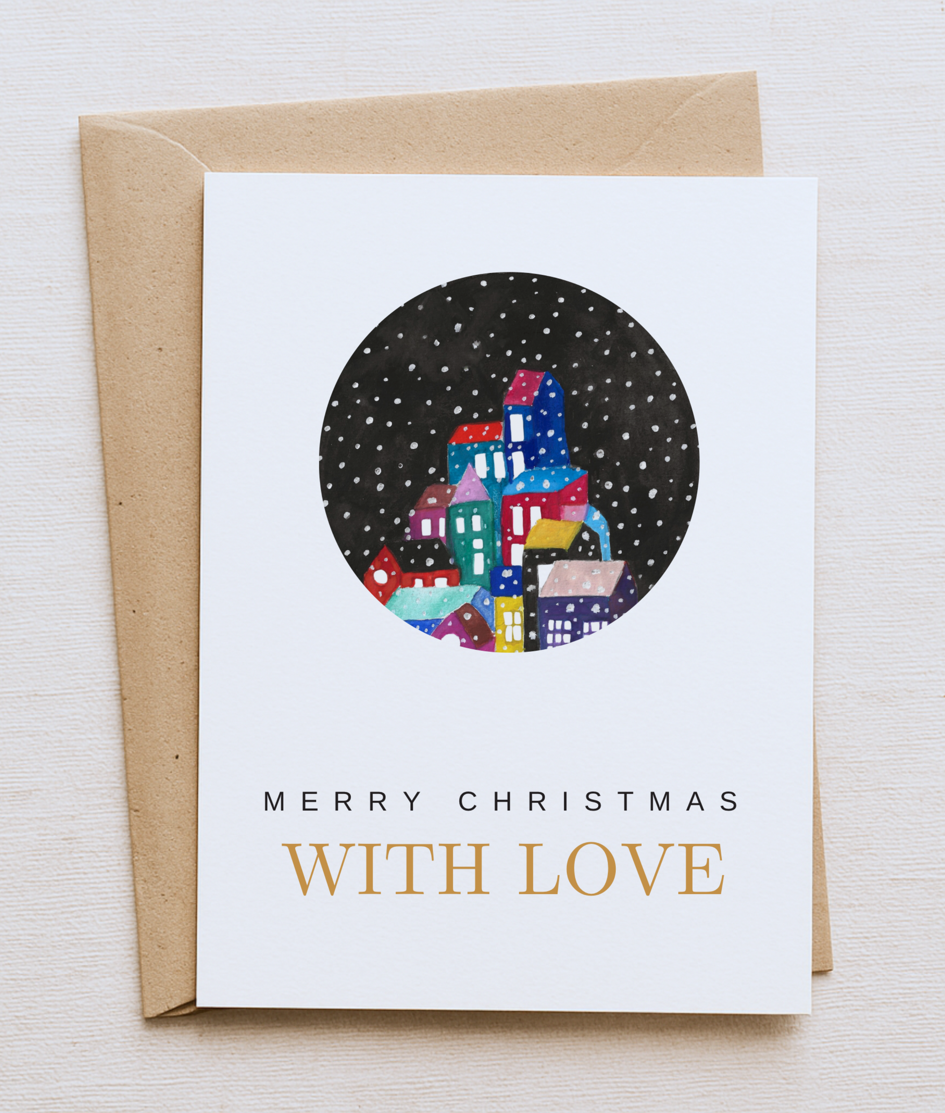 Winter Night Village Christmas Card – Colourful Houses in Snow
