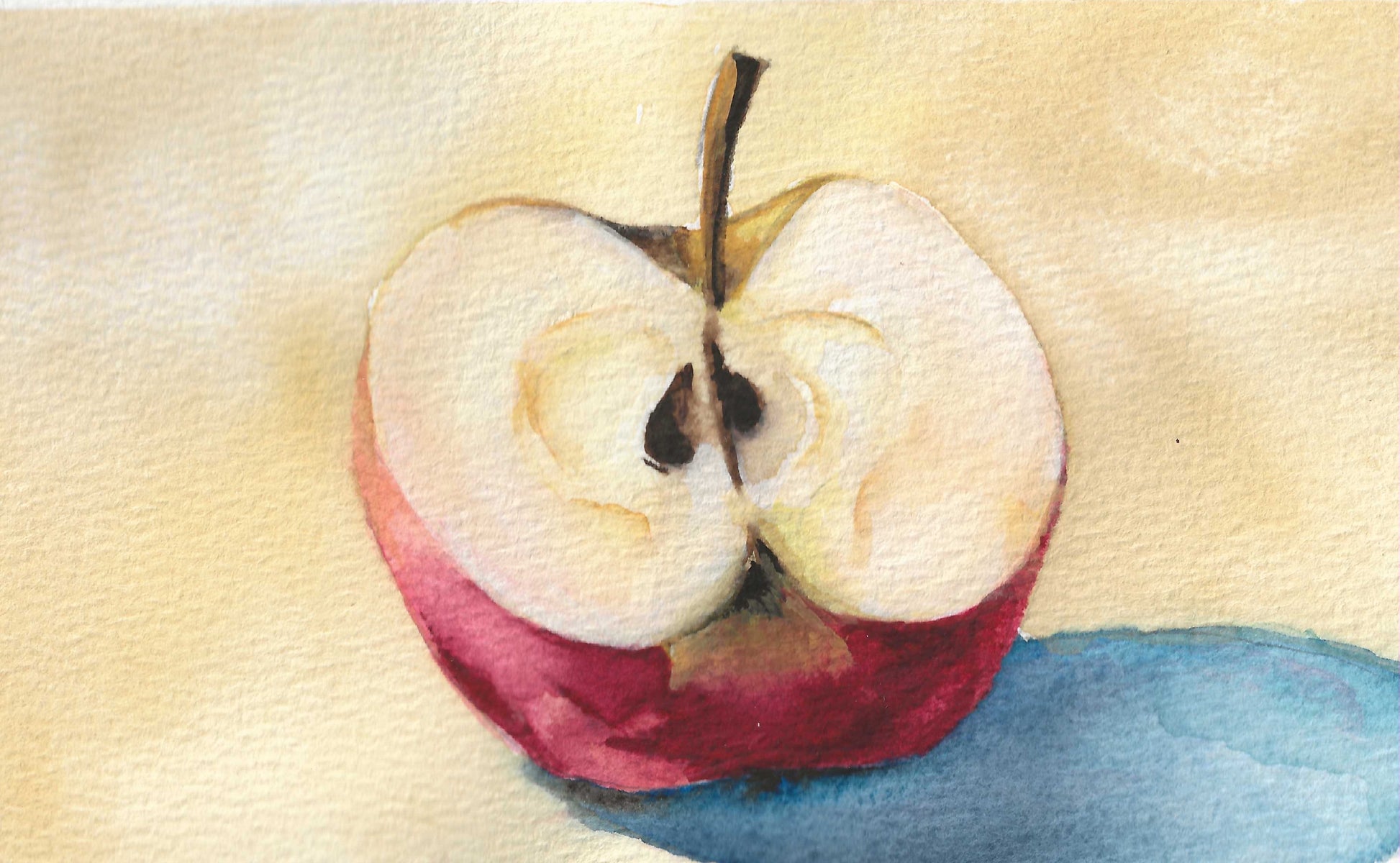 Detail of “Apple” by Shanaz Minhas showing delicate brushwork and translucent red washes.