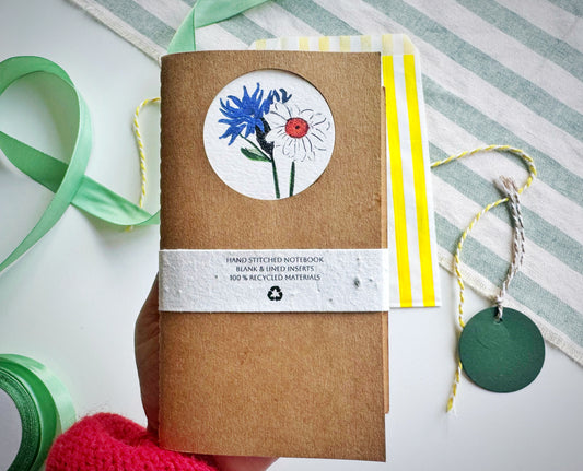 Corn Flower & Mguerite Handmade Mini Journal – Hand-Stitched Notebook