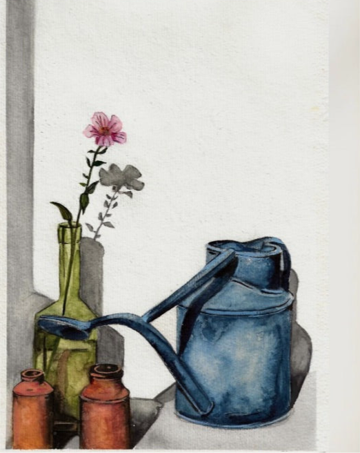 Detail of “Watering Can” watercolour showing gentle brushwork and subtle shading by Shanaz Minhas.