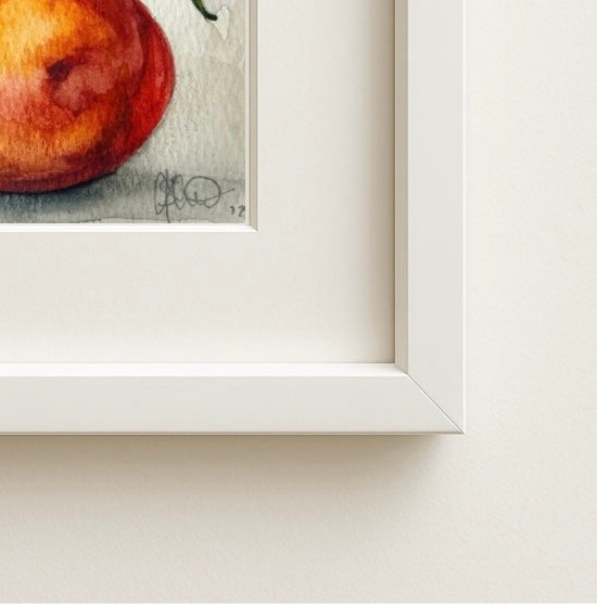 De Clementine” original watercolour painting framed in a minimalist natural wood frame. 