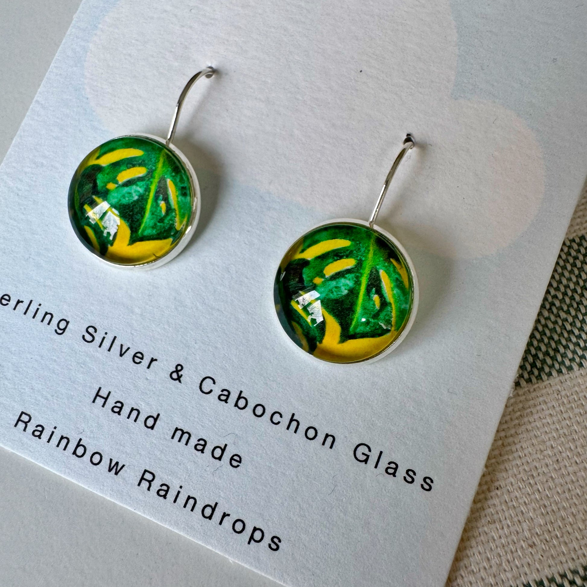 Monstera Silver Cabochon Earrings