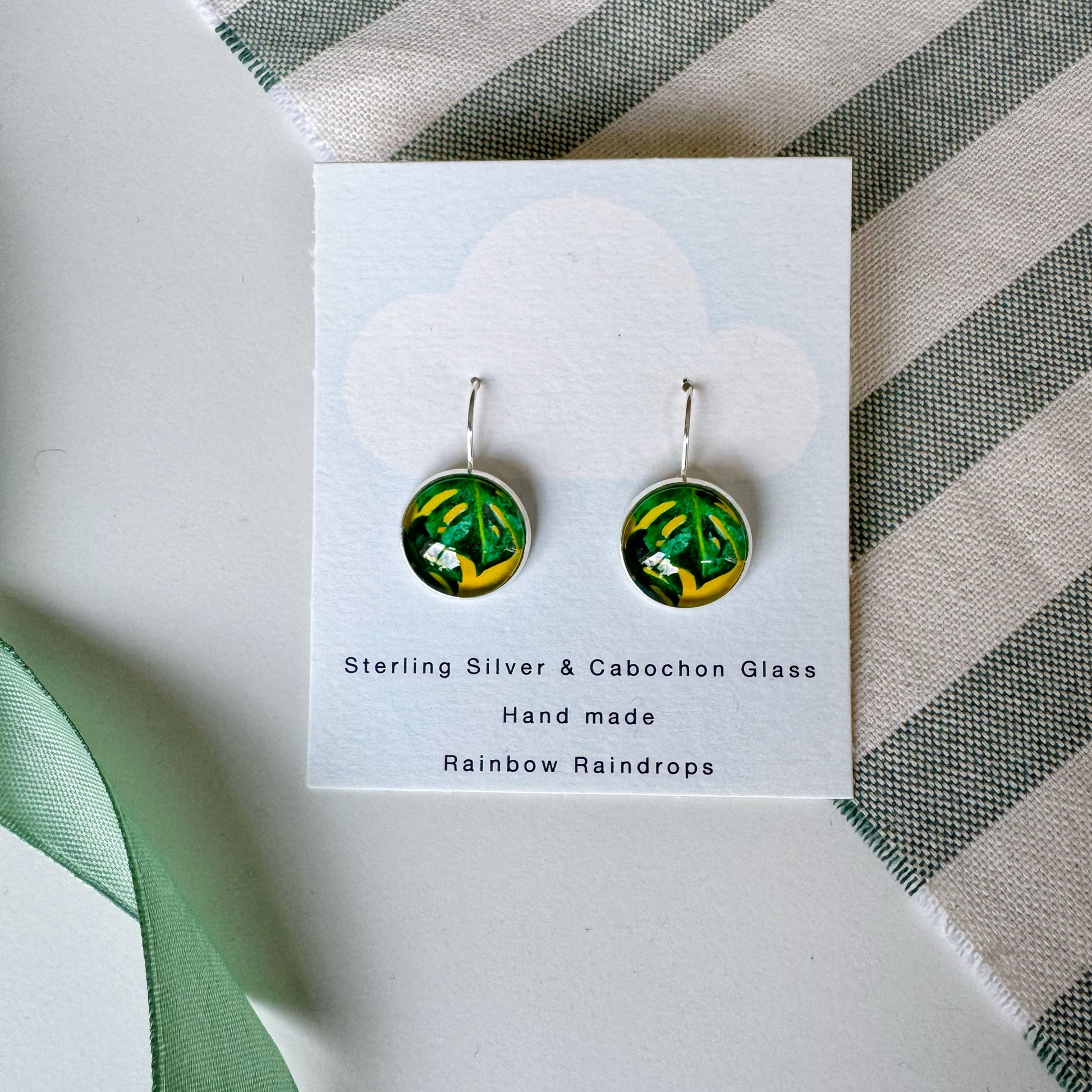 Monstera Silver Cabochon Earrings
