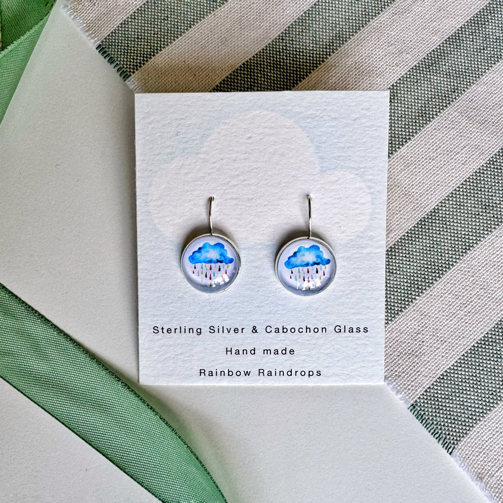 Rainbow Raindrops Sterling Silver Cabochon Earrings