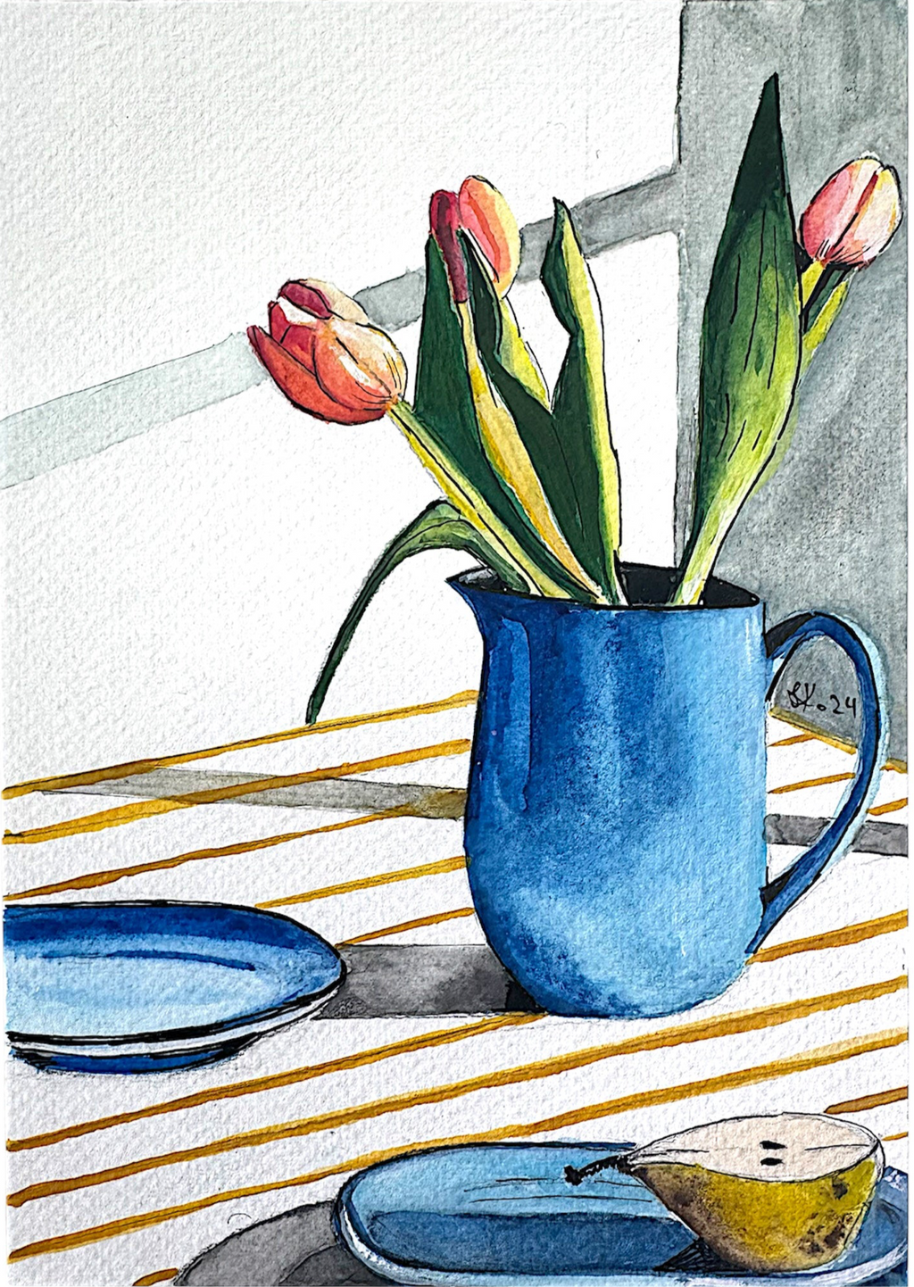 Detail of “Tulips” watercolour showing gentle brushstrokes and translucent floral tones.