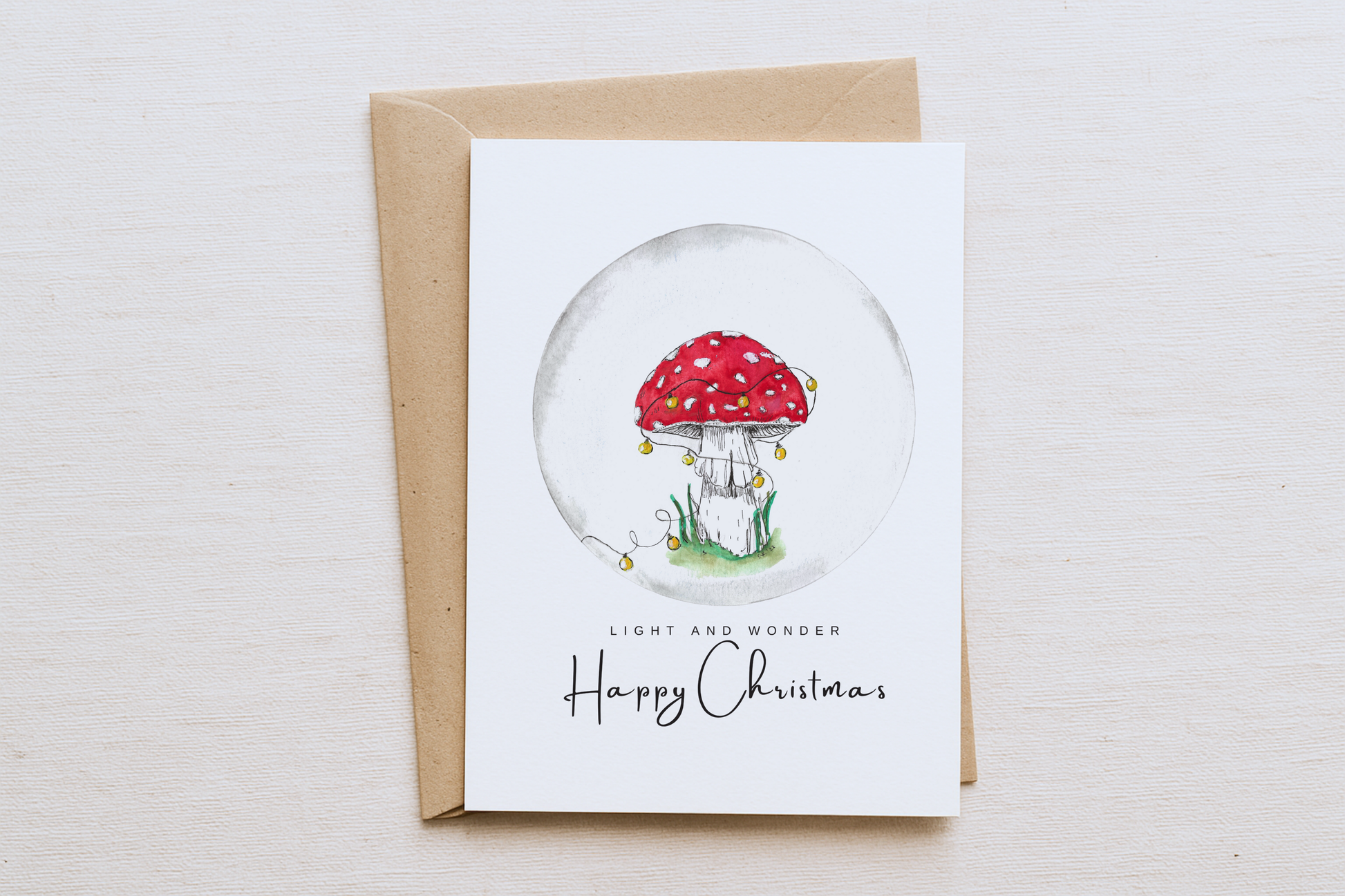 Red Toadstool Christmas Card – Festive Woodland Lights