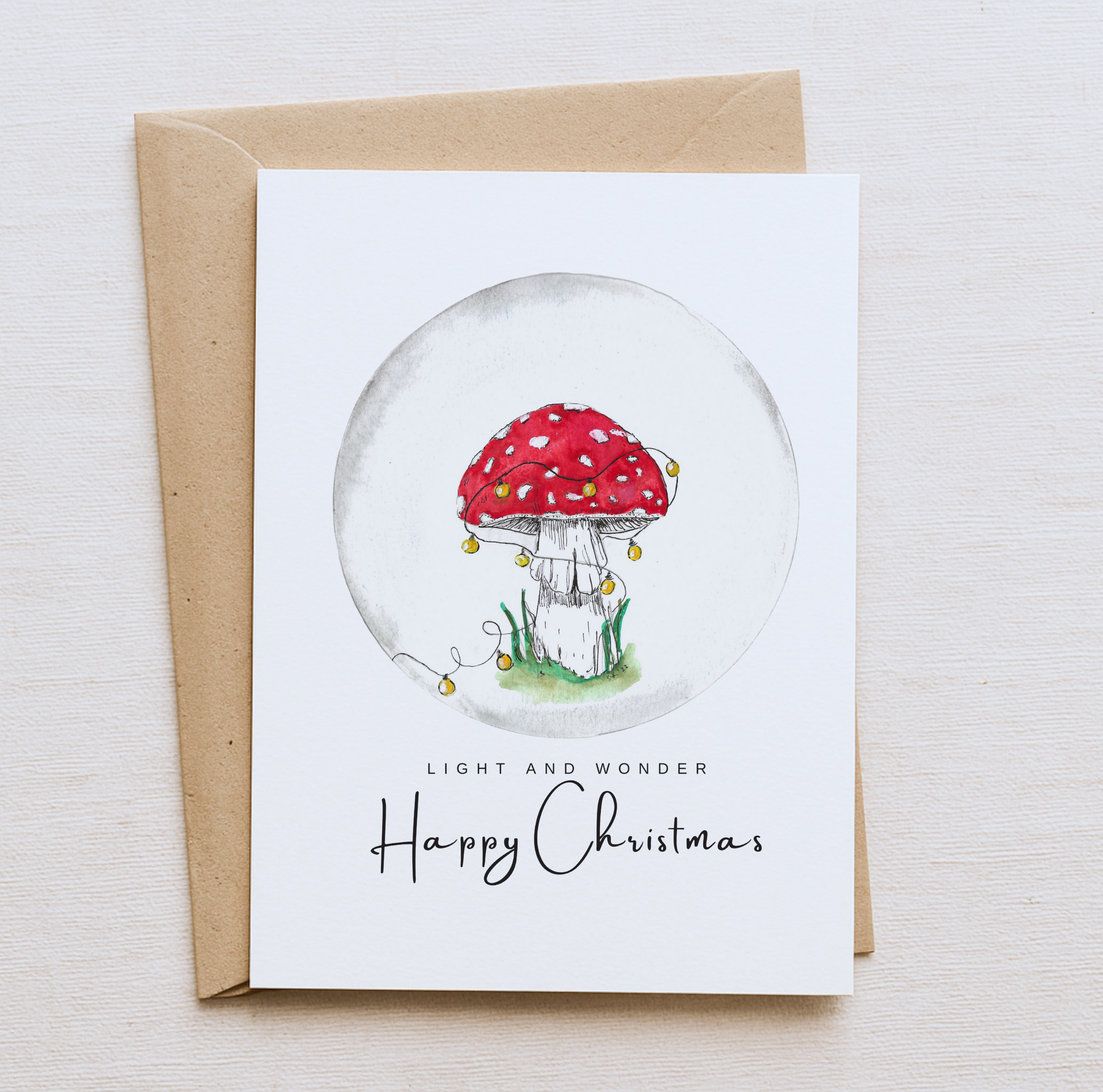 Red Toadstool Christmas Card – Festive Woodland Lights