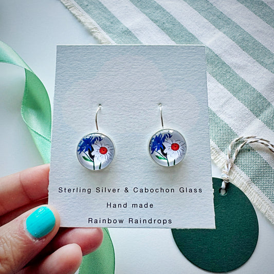 Cornflower & Marguerites Silver Cabochon Earrings