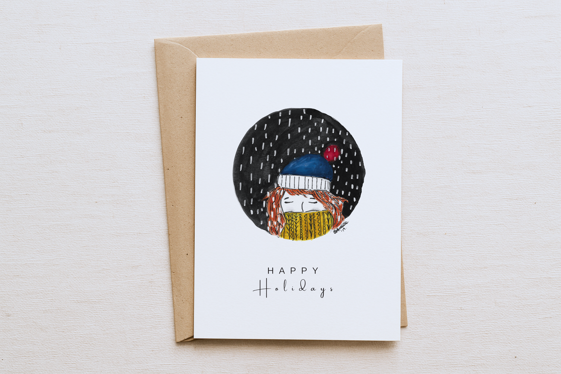Girl in Woolly Hat Christmas Card – “Happy Holidays” Colourful Rainy Winter Scene