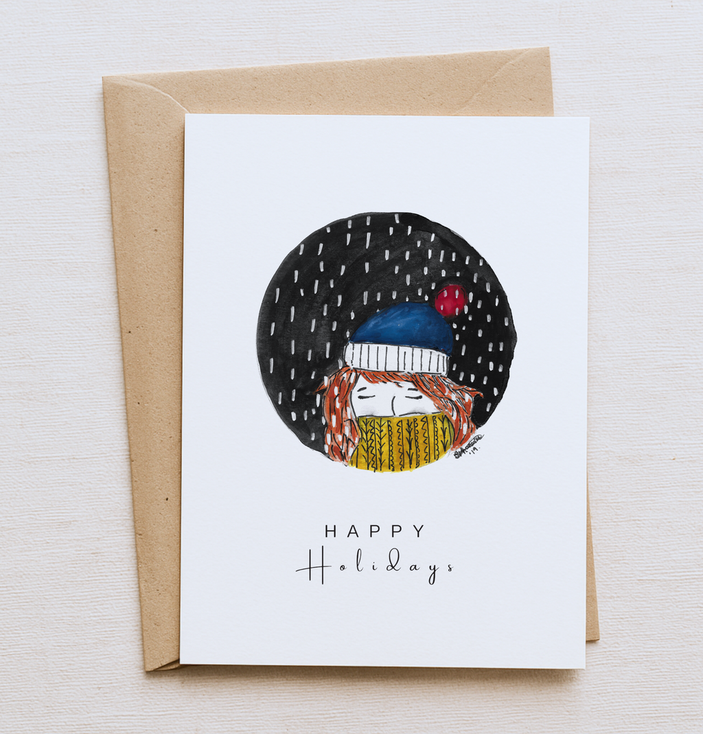Girl in Woolly Hat Christmas Card – “Happy Holidays” Colourful Rainy Winter Scene