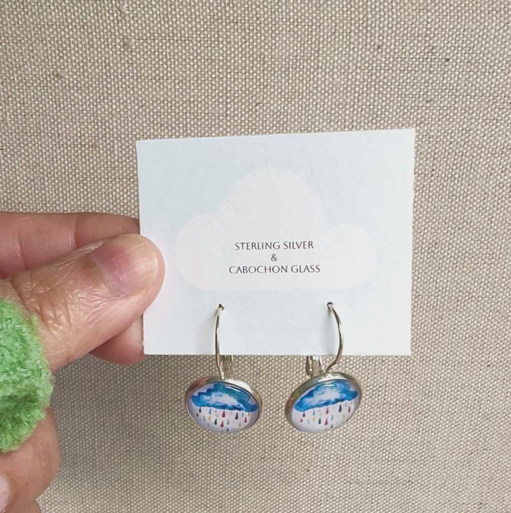 Rainbow Raindrops Sterling Silver Cabochon Earrings