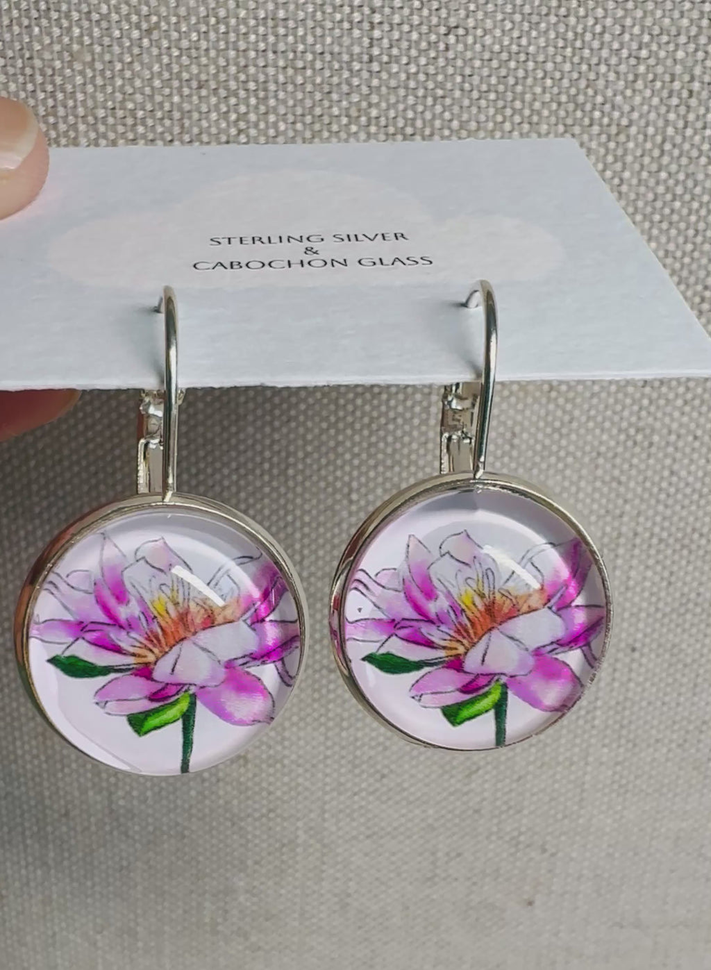 Pink Lotus Silver Cabochon Earrings